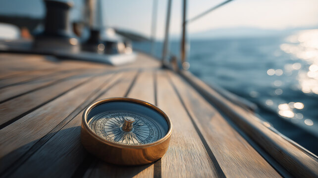A vintage compass rests on a wooden deck, guiding sailors through tranquil waters at dusk Generative AI