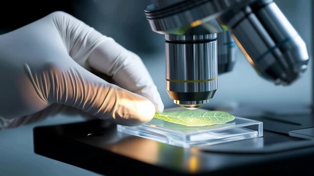 Scientist hand in glove holding a slide glasses with a small piece of a glowing green leaf sample inside it under a microscope in laboratory. Biological examination