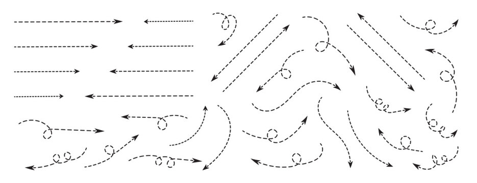 Set of vector curved dotted arrow. Collection of dashed curved hand drawn arrows. Dotted arrows in flat, curve, wavy line style. Zigzag arrow stripes design with dotted lines.