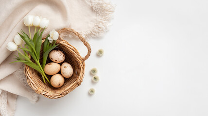 Fototapeta premium A colorful easter basket sits on a soft fabric, featuring decorated eggs and fresh tulips nearby Generative AI