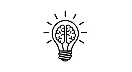 Black and white outline icon featuring a glowing light bulb filled internally with a stylized human brain illustration representing new ideas.