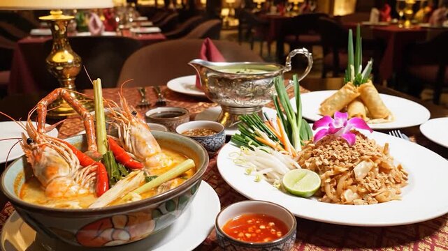 A luxurious restaurant table is beautifully set with a variety of delicious