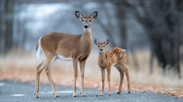 White tailed deer doe and fawn standing on grass near a city park, Wisconsin, peaceful urban wildlife outdoors