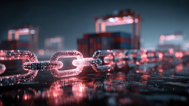 Illuminated chain link in a digital port, symbolizing the secure flow of goods in a futuristic setting. ..Created with Generative AI, not depicting real subjects.