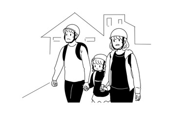 ヘルメットを被って避難する家族のイラスト　災害と防災　手書きベクター素材