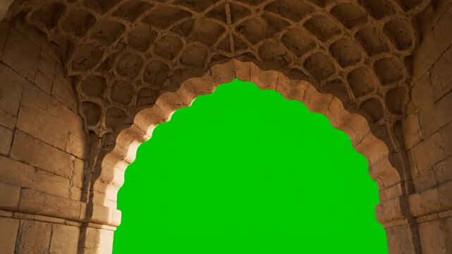Ancient stone archway with intricate vaulted ceiling and green screen viewed from below in a historical building interior