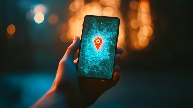 Hand holding a smartphone displaying a gps location pin on a map with a blurred city lights background at night, symbolizing navigation and location services
