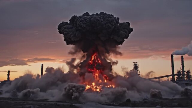 Massive explosion erupts at an industrial factory site during a dramatic sunset.
