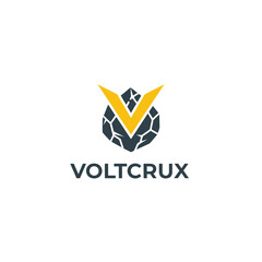 Yellow V on cracked stone outlines VOLTCRUX logo over white background