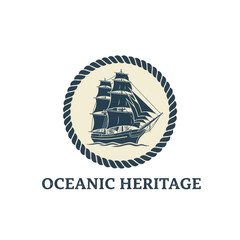 Vintage sailing ship with full sails encircled by a braided rope, below a maritime-inspired text