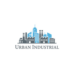 Fototapeta premium Blue and gray industrial cityscape silhouette with modern urban structures on white background