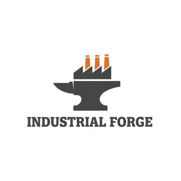 Logo combines anvil and industrial factory with three smokestacks in orange and black design