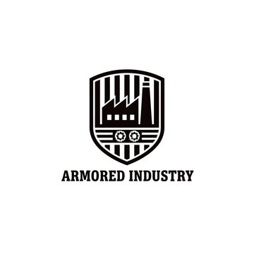 Black and white logo of a shield with factory, gear, and tower motifs, labeled 'ARMORE INDUSTRY' underneath