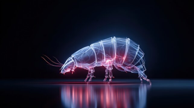 An abstract illuminated image of a tiny woodlouse highlights its intricate structure in the realm of biology and science. ..Created with Generative AI, not depicting real subjects.
