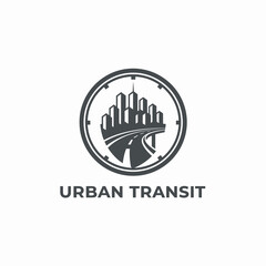 Modern urban transit logo with city skyline, road, and clock elements symbolizing transportation