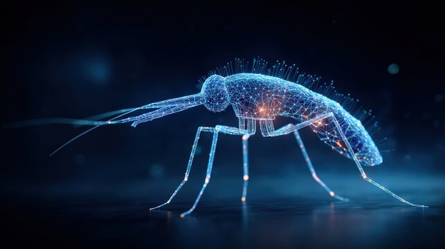A detailed digital depiction of a mosquito, constructed with luminous, transparent lines against a dark background. ..Created with Generative AI, not depicting real subjects.