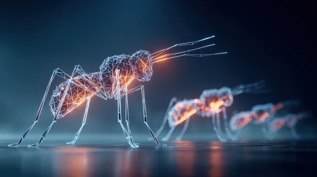 An artistic representation of several mosquitos on a dark blue background, the creatures have a futuristic look. ..Created with Generative AI, not depicting real subjects.