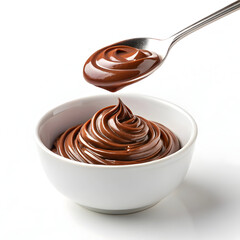 Spoon with Swirled Chocolate Cream Above Bowl on White Background