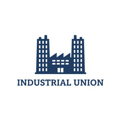 Fototapeta premium Simplified dark blue icon of two tall factory buildings with a connecting roof, representing industrial union