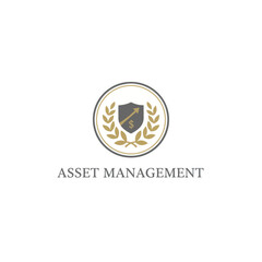 Obraz premium A logo featuring a shield emblem, dollar sign, and laurel wreath, symbolizing finance and security