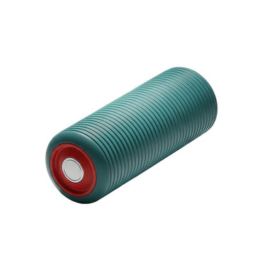 Green cylindrical battery with red and white accents, isolated