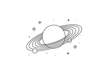 Black and white line art drawing of a ringed planet with orbiting moons and surrounding stars © firman