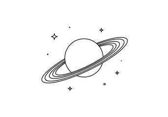 Black outline drawing of the planet Saturn with prominent rings surrounded by scattered small star shapes © firman