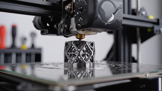 A close-up view of a 3D printer creating a complex geometric object