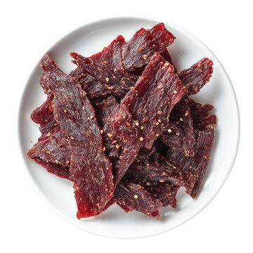 spice beef jerky on white plate, top view with transparent isolated on with white background(3)