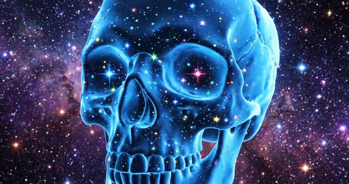 Cosmic blue skull surrounded by a starry galaxy, symbolizing the universe's mysteries