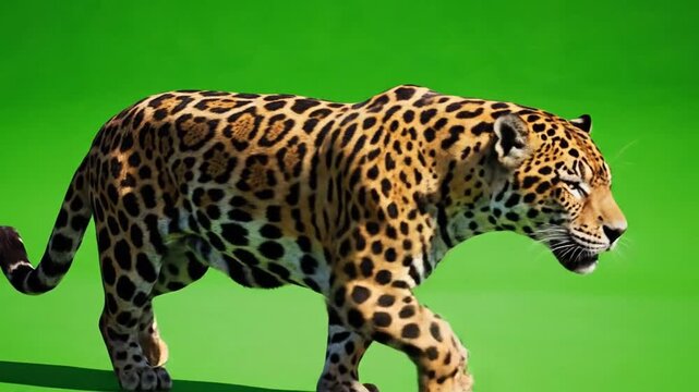 A majestic jaguar with spotted fur walks across a vibrant green screen, showcasing its powerful and graceful movement.