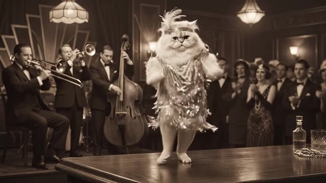 An elegant Persian Cat in a sparkling silver flapper dress with fringe and a feathered headband, dancing the Charleston on a table. Pearls are flying around as she moves. Jazz band in the background. 