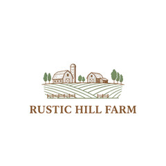 Obraz premium Rustic farm with barns, silo, trees, fields, and fences on a gentle hill under a clear sky