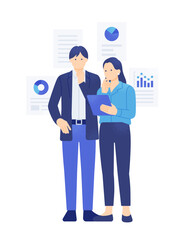 グラフを背景に分析するビジネスパーソン。タブレットでデータを共有する男女の全身イラスト素材。