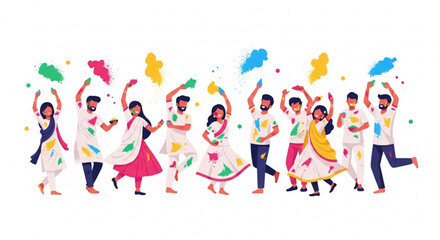 People celebrating holi festival with colorful powder dancing and having fun together in traditional attire