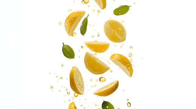 Slices of fresh lemon and green leaves falling in the air, citrus fruit concept