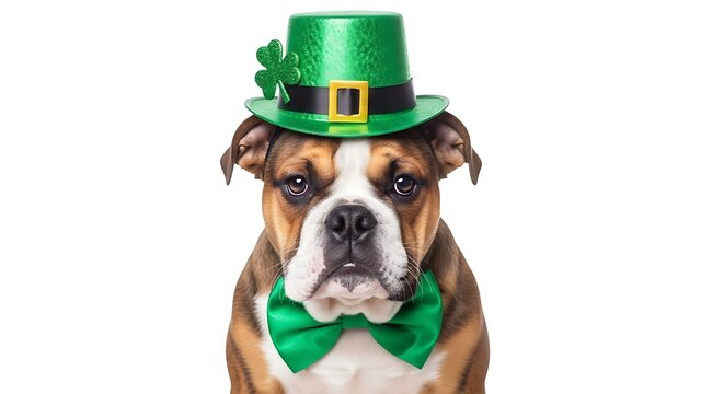 Boxer dog wearing green hat and bow tie for st patrick's day