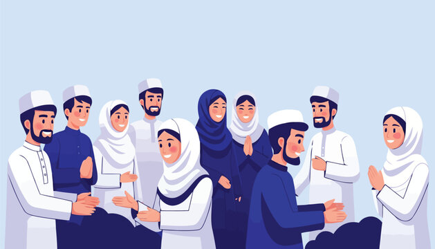 Muslim community greeting and shaking hands flat vector illustration