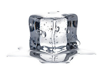 Melting Ice Cube with Water Pooling Isolated on White and Transparent Background