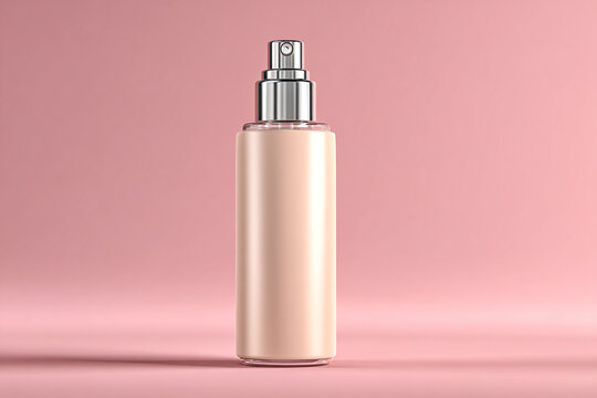 A sleek perfume bottle on a pink background with a silver cap