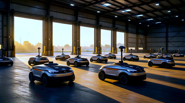 AMR robot in automated warehouse at dawn