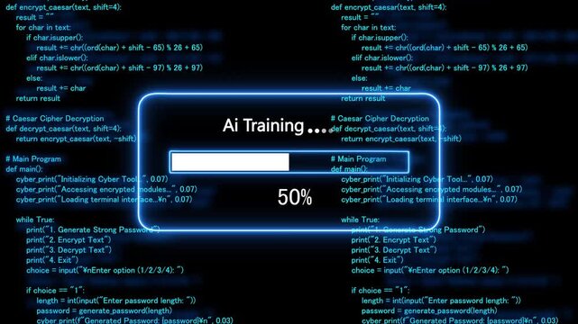 cyan glowing progress bar shows 100% percent of ai training  on a background of computer code programming. 4k animation 