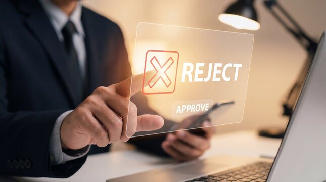 Businessman rejecting document on transparent screen in modern office