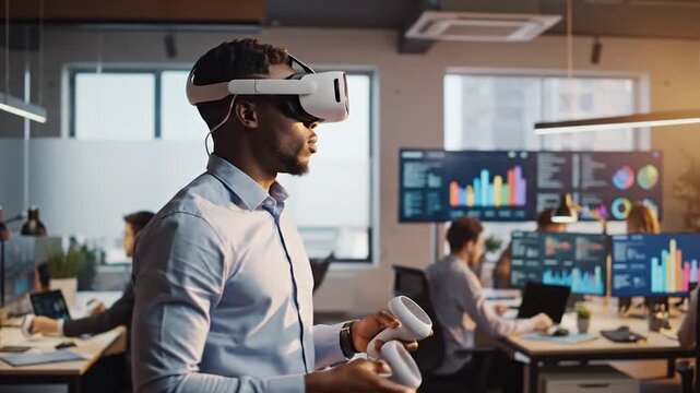 Professional man uses virtual reality headset and controllers in a modern