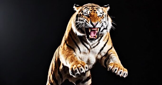 Fierce Bengal tiger pouncing with open mouth on black background