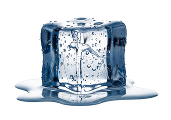 Melting Ice Cube with Water Pooling Isolated on White and Transparent Background