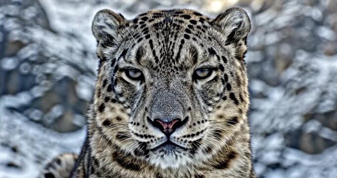 Majestic snow leopard portrait in snowy mountain environment
