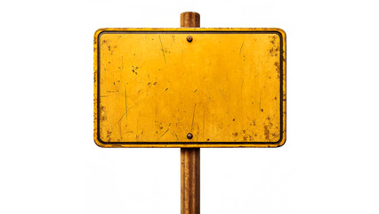 Empty yellow sign positioned on a rusty metal pole isolated on transparent background © Hanna