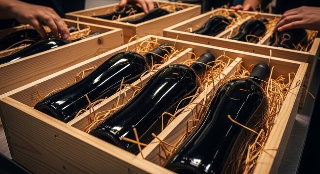 Premium wine bottles in wooden gift boxes with straw padding being prepared for luxury packaging and shipping