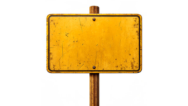 Empty yellow sign positioned on a rusty metal pole isolated on transparent background